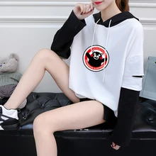 Осень поддельные две части сплайсинга с длинным рукавом рубашка для женщин Kawaii Мультфильм Kumamon Топы повседневное Harajuku свободная футболка с капюшоном одежда