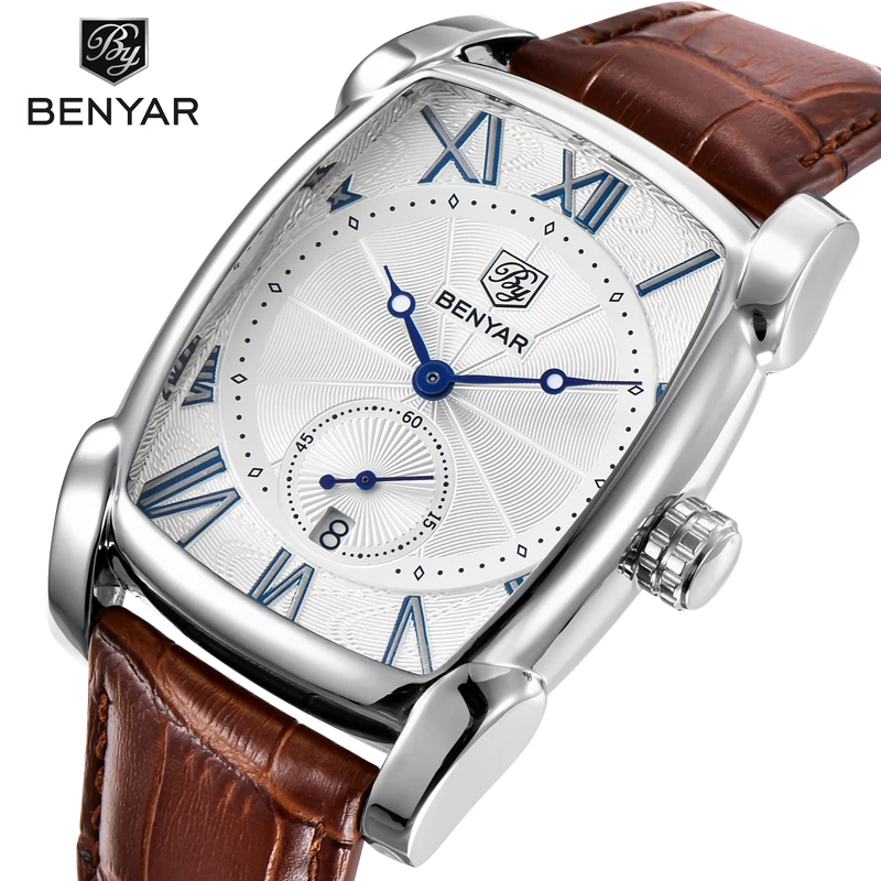 

BENYAR Fashion Casual Men's Watches Waterproof 30M Genuine Leather Strap Luxury Quartz Watch Classic Rectangle Case Auto Date