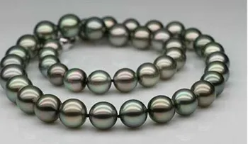 

11-12mm round tahitian black green pearl necklace 18inch 925 silver