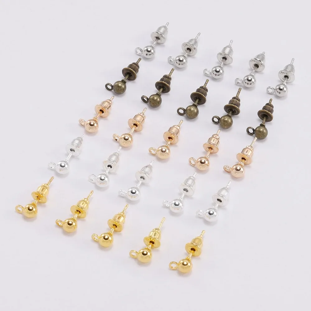 

50Pcs Gold Silver Rhodium Ball Beads Stud Earring Ear pin Post Stopper Earplugs For Jewelry Making Findings DIY Accessories