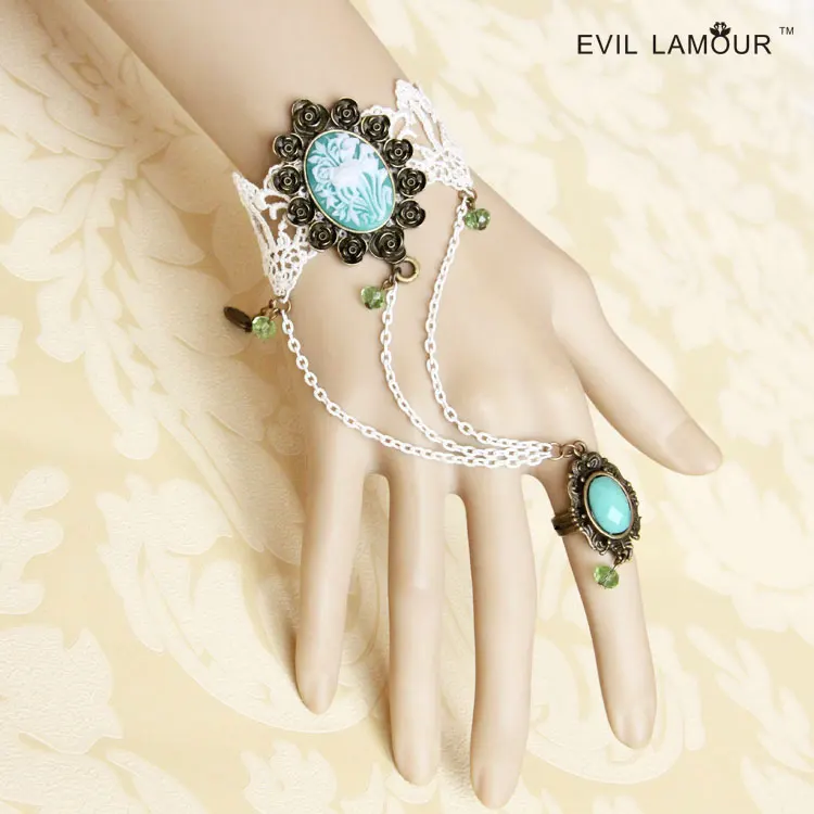 

Princess classic lolita bracelet Vintage royal bride white lace blue gem bracelet with rring one piece chain prom jewelry WS-192