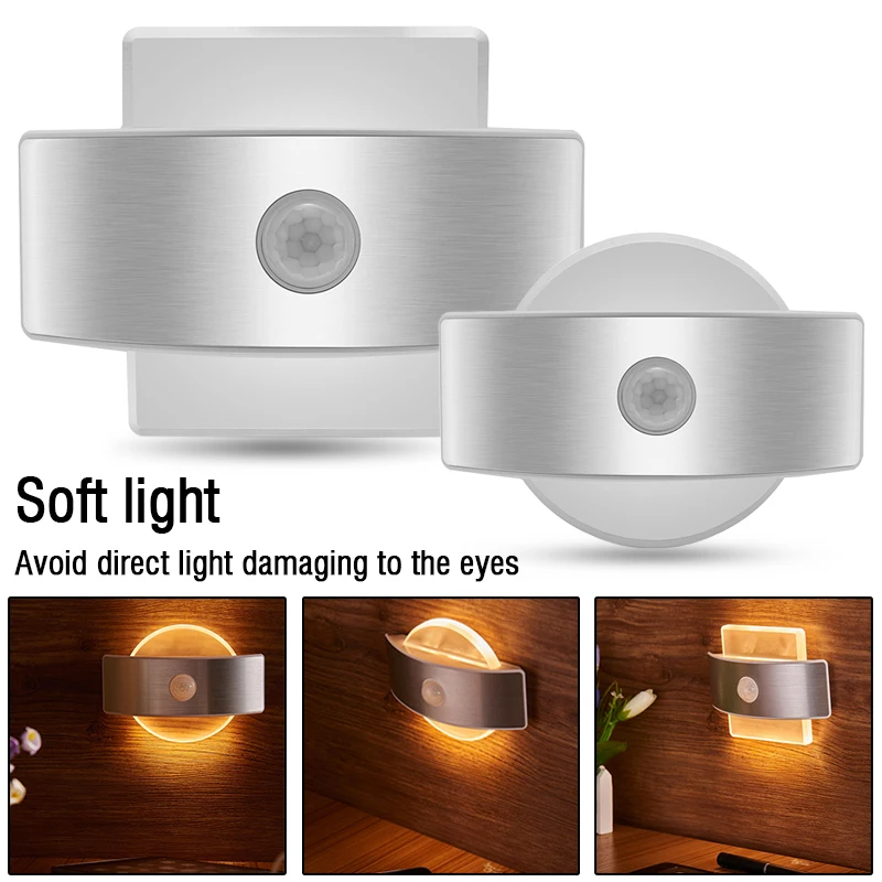 

USB Battery Power Rechargable PIR Motion Sensor LED Night Light Wall Bedside Lamp Emergency Security Home Warm Lighting Bedroom