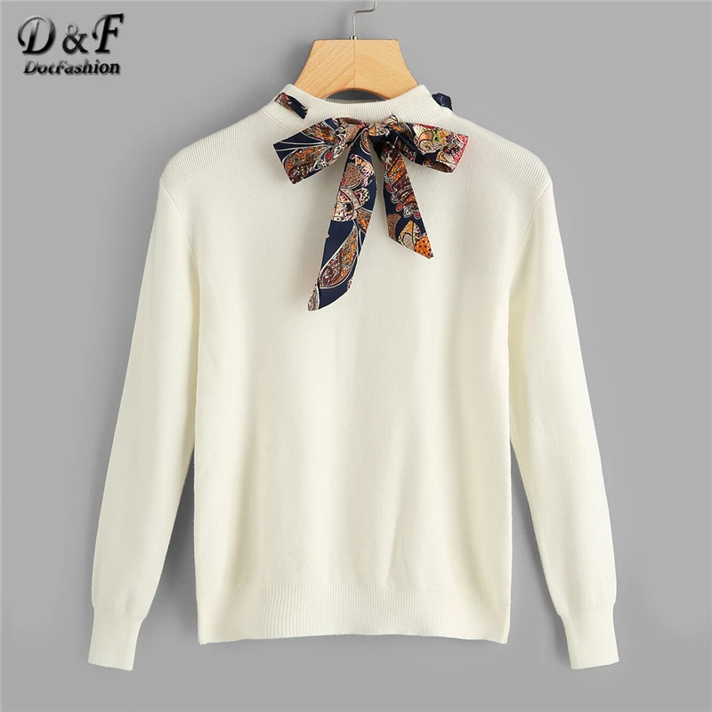 

Dotfashion Tie Neck Solid Knotted Decoration Beige Sweaters Women Casual Autumn Stand Collar Long Sleeve Geometric Pullovers