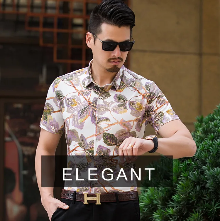 2019 Мужская одежда рубашки цветочный принтованная повседневная одежда Homme летняя футболка с коротким рукавом рубашка узкого кроя Masculino плюс