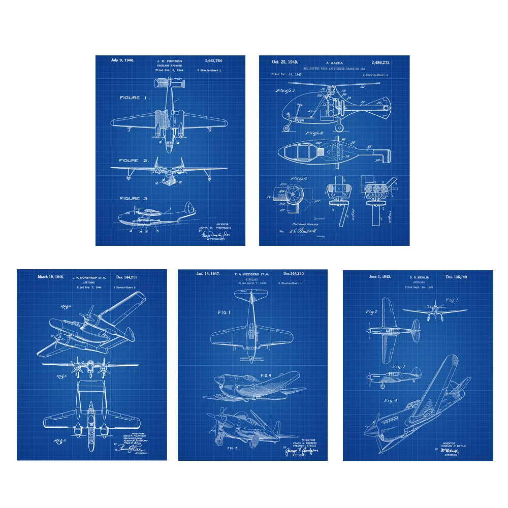 Винтажный запатентованный арт G2 Второй мировой войны самолет постер наборы 5 в 1 самолет детский самолет стены искусства классический самолет