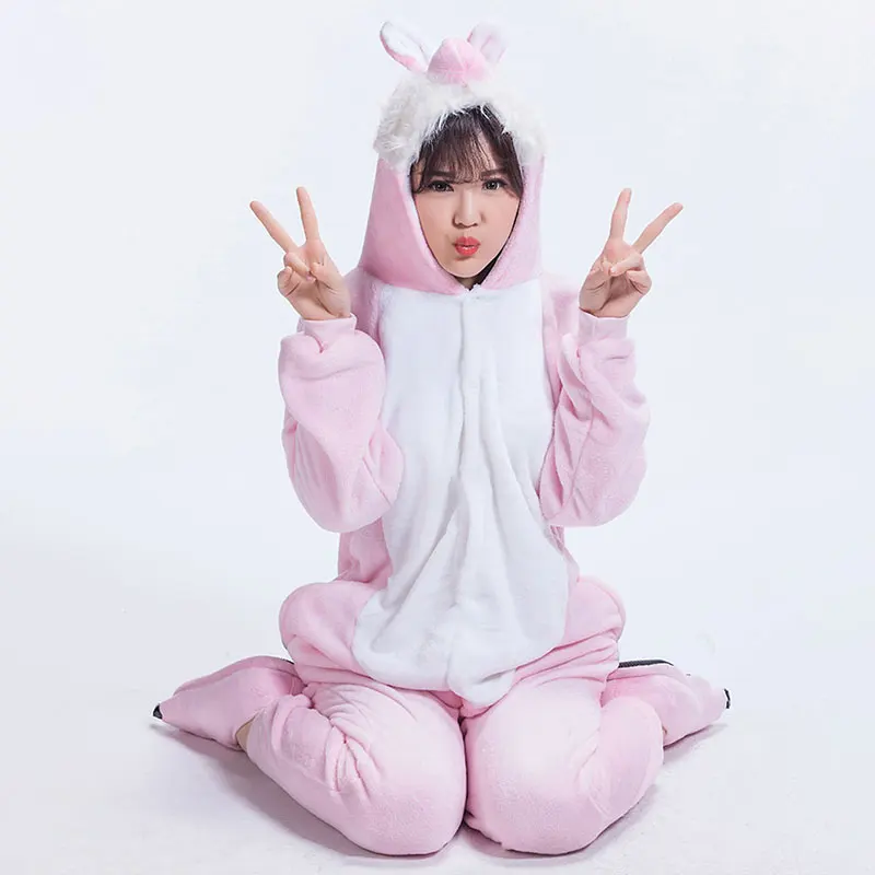 

Women Animals Onesie Pink Rabbit Cartoon Pajamas Overalls Adults Lovely Party Night Sleep Wear Suit Winter Warm Flannel Onepiece