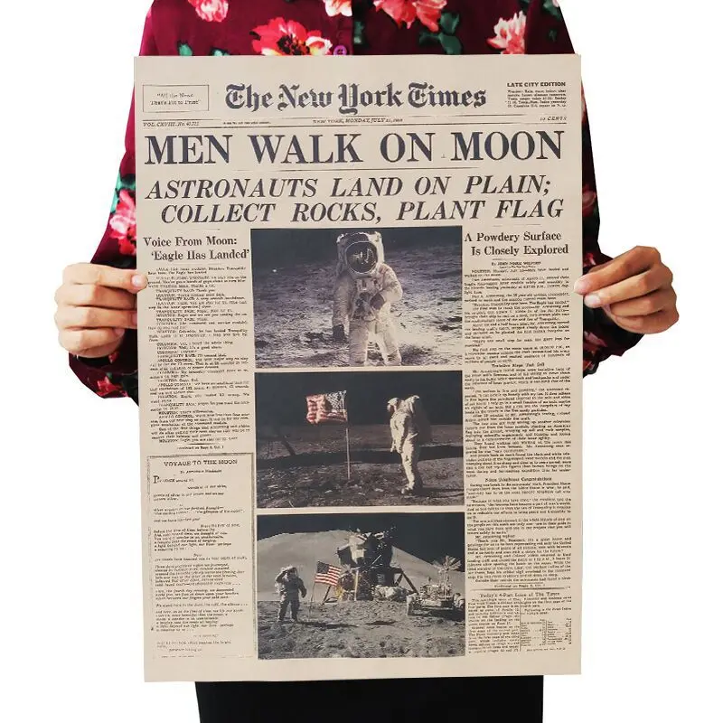 DLKKLB Аполлон 11 Луна посадки Нью-Йорк Таймс Винтаж Плакат крафт-бумага ретро детская комната украшения 51X35,5 см стикер на стену