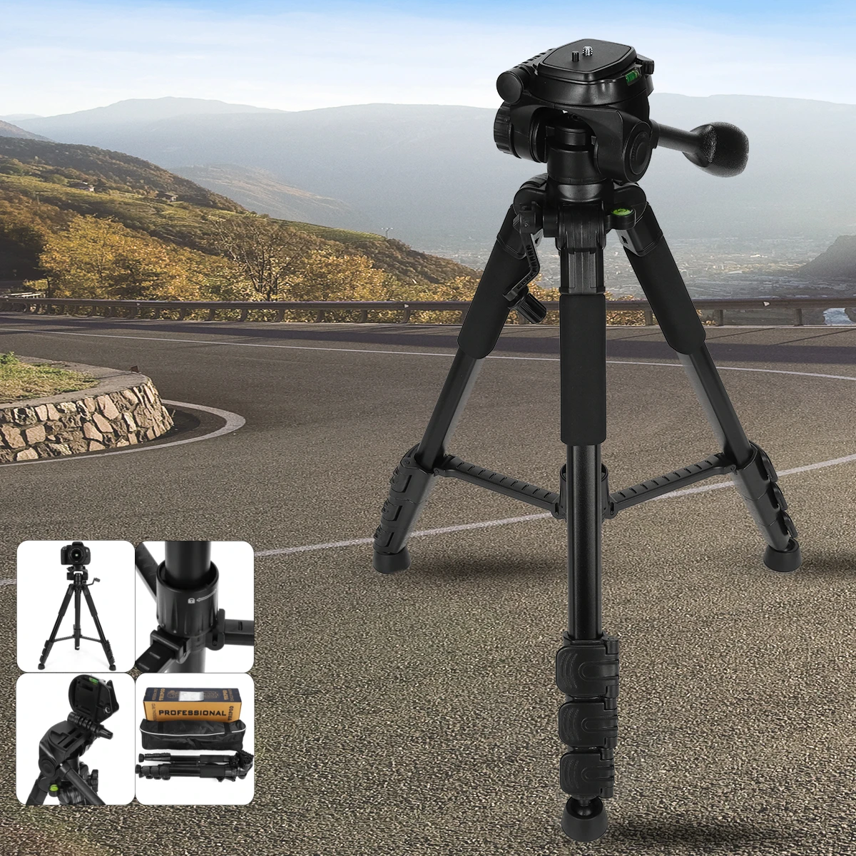 

Three-dimensional Head Aluminum+ABS Adjustable Monopod Telescopic Tripod Stand Holder Fit For DSLR Camera Camcorders Black