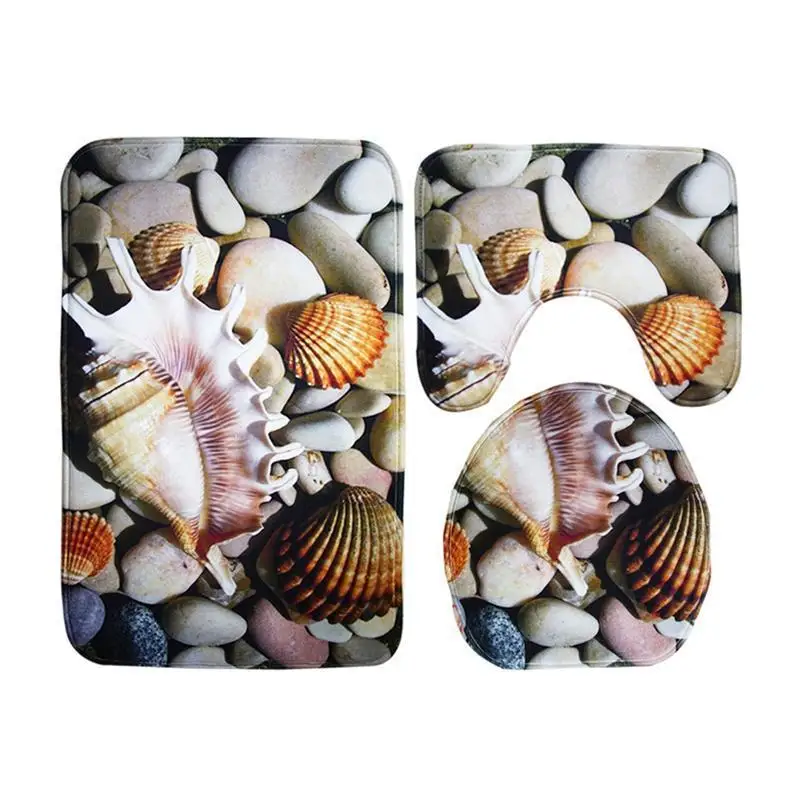 

3pcs Conch Pebble Seaside Beach Bathroom Rug Set Non-Slip Bath Mat Contour Lid Toilet Cover Rug