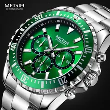 MEGIR Men's Chronograph Quartz Watches Stainless Steel Waterproof Lumious Analogue 24-hour Wristwatch for Man Green Dial 2064G-9 megir man s analogue chronograph quartz watch with stainless steel bracelete luminous wristwatch for boys calendar 24 hour 2064g