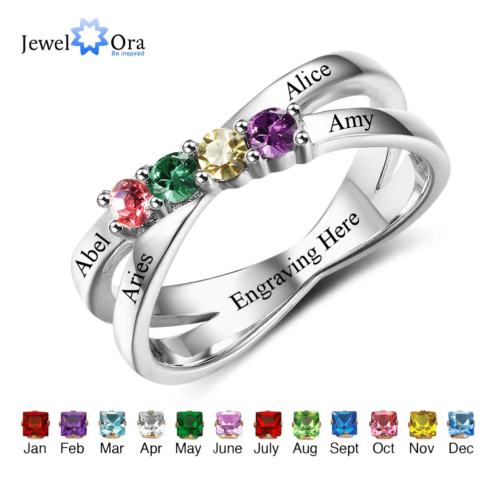 Personalized Family Mother's Ring With 3 Simulated Birthstones & Engraved Names - Gift For Grandma, Mom