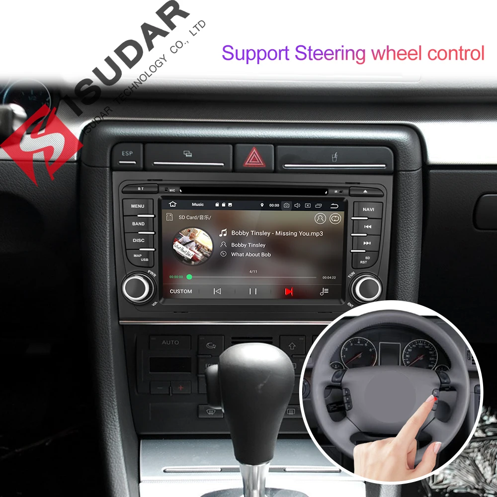 Top Isudar 2 Din Auto Radio Android 9 For Audi/A4/S4 2002-2008 Quad Cores RAM 2GB Car Multimedia Video DVD Player GPS USB DVR FM/AM 2