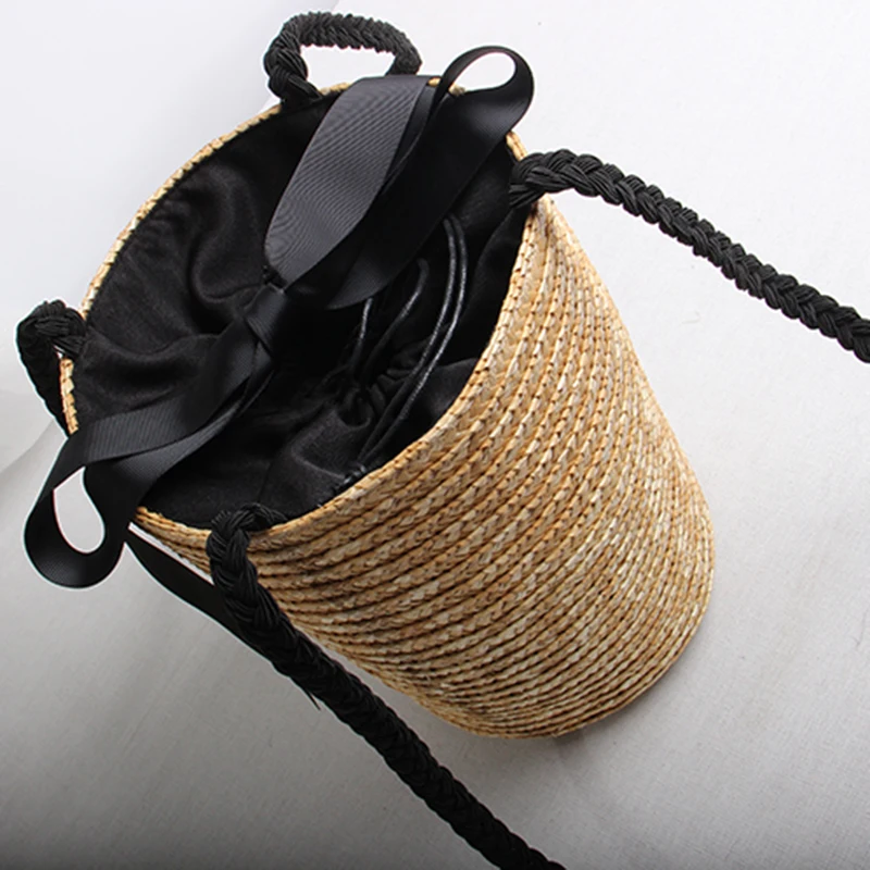 FGGS ведро цилиндрические соломенные сумки лук Пшеничной Соломы Тканые женские сумки через плечо сумка-тоут(основной цвет