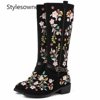

Stylesowner Large size 34-45 knee high boots for women in spring autumn cow suede embroidery fashion boots female zip