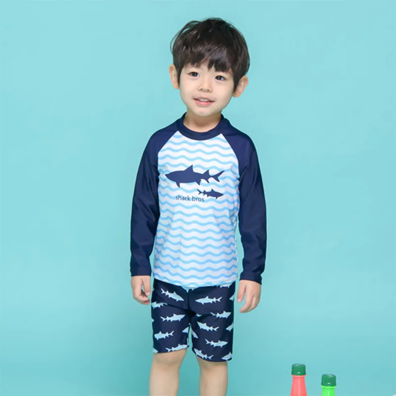 Online Marke Baby Jungen Badeanzug Zwei Stück Rash Guard Badehose Set Langarm Shark Print Blau Kinder Bademode Schwimmen Badeanzüge
