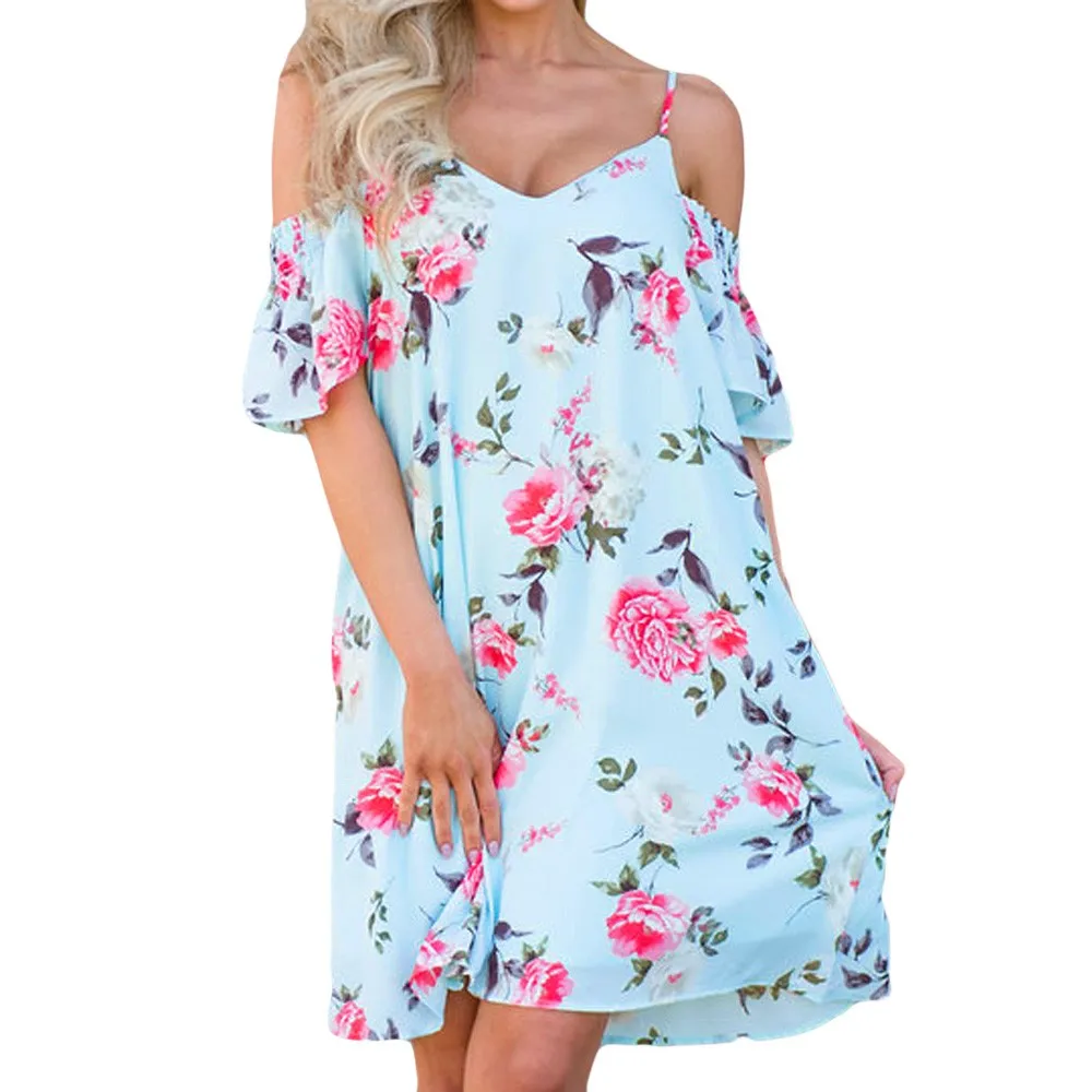

summer dress 2018 beach dress summer woman Loose Print Spaghetti Strap Down Flounce Swing Mini Dress