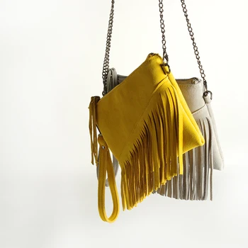

New 2020 Genuine Leather Shoulder Bag For Women Fashion Feminine Summer Small Suede Tassel Fringe Chain Yellow And gray Hand Bag