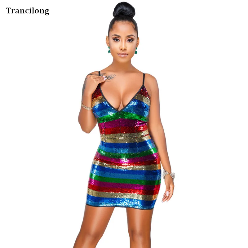 

Trancilong Flash Rainbow Color Flowing Sequins Off-Shoulder Party Dress Sling Sexy Nightclub V-neck Sequined Striped Dress