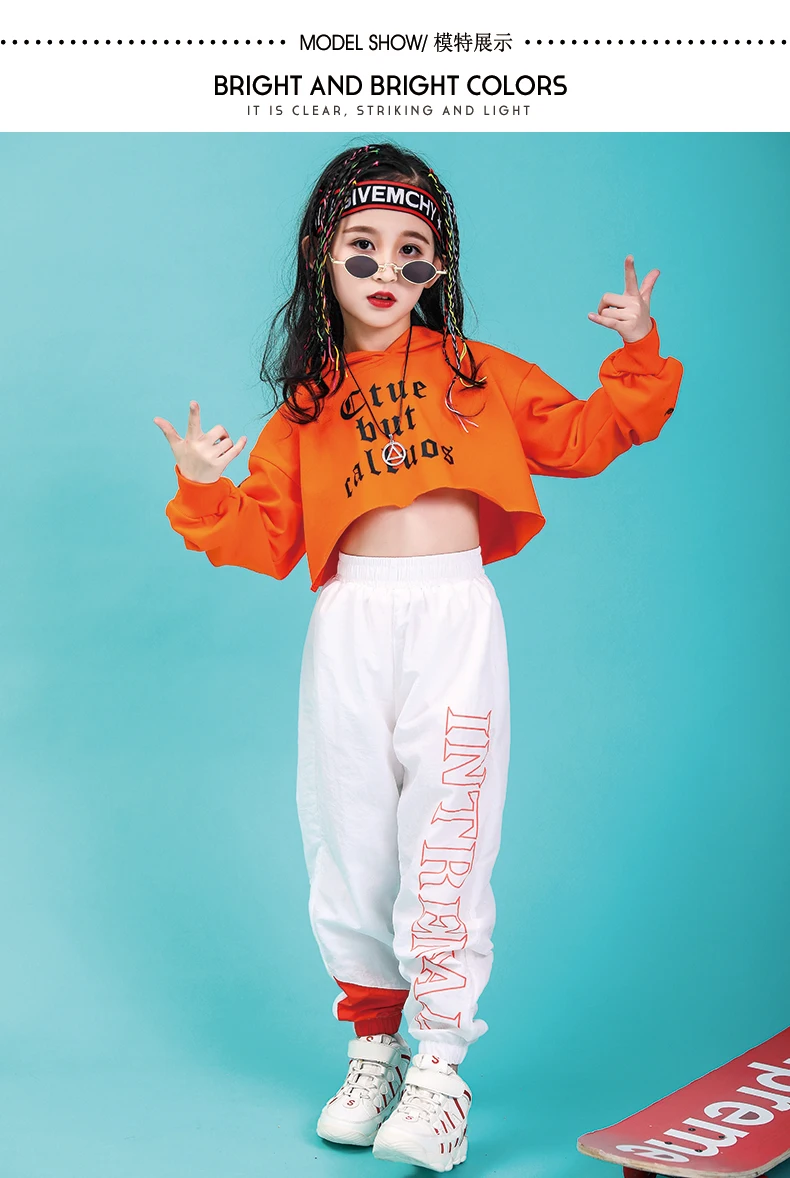 Jazz Dance Costumes Hip Hop Kids Long Sleeve Hooded Top Pants Girls Hiphop Clothes Street Dance Stage Show Wear (4)
