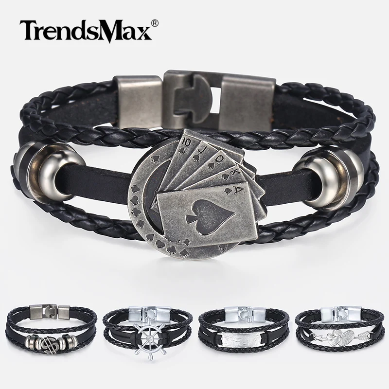 

Men's Leather Bracelets Vintage Lucky Poker Card ID Stars Bar Charm Multilayer Strand Bracelet Male Jewelry Gift Wholesale LBB01
