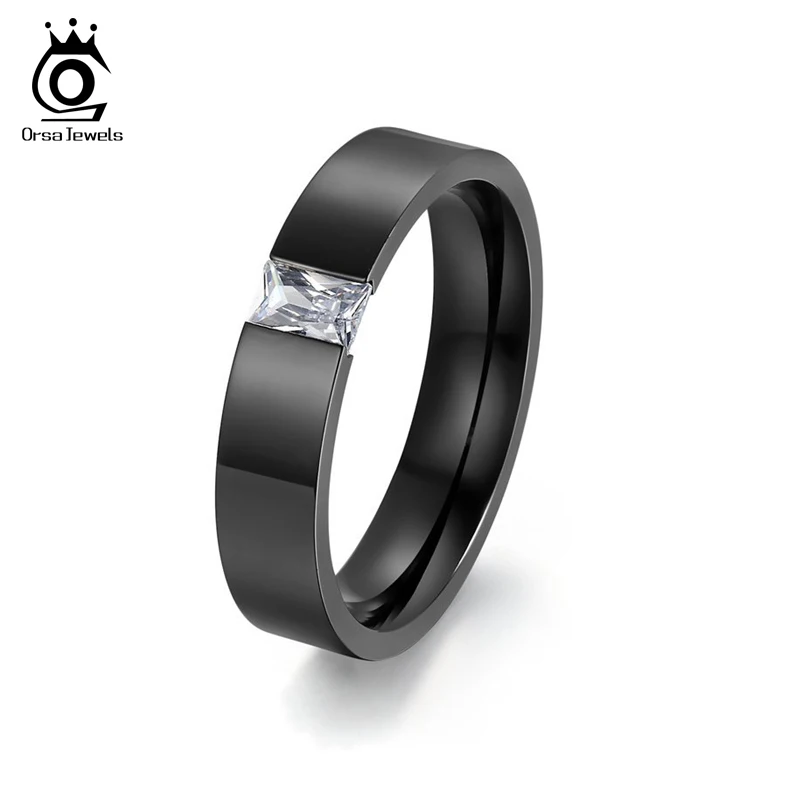 ORSA JEWELS Tension Setting Square Zircon Rings for Men Women Black Color&Gold-Color Stainless Steel Ring for Parties OTR78