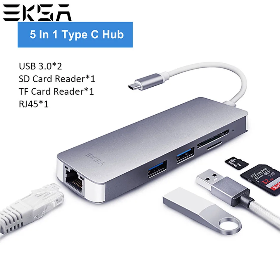 

EKSA USB C HUB RJ45 Adapter TF/SD Card to 3.0 HUB PD Charging for MacBook Pro Samsung Galaxy S9/S8/Note 9 Huawei P20 Type C HUB