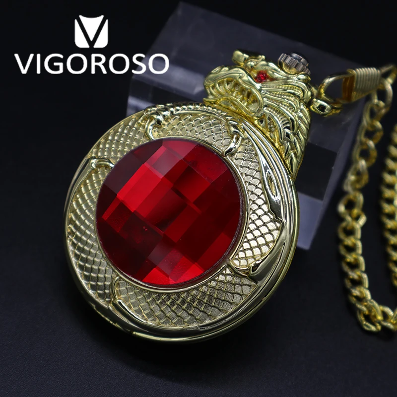 

VIGOROSO Antique Steampunk Luxury Red Ruby 3D Gragon Gold Steel Mechanical FOB&Pocket Watches Vintage Hand Winding Pocket Watch