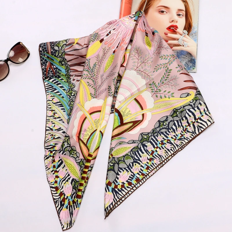 

High Style Floral Print Square 100% Silk Twill Scarf Wraps Women Head Scarves Hijab Shawl Foulard 88*88cm