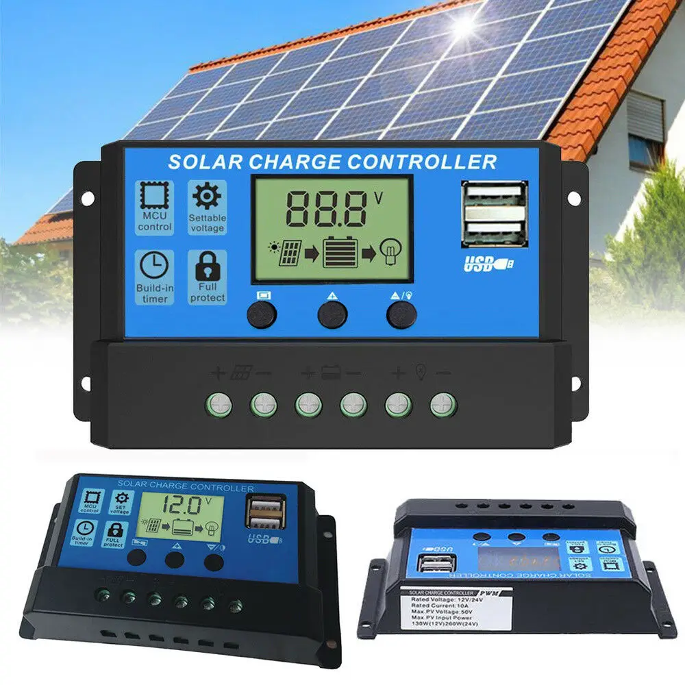 

10A 20A 30A Solar Charge Controller 12V 24V Auto PWM 5V Output Solar Cell Panel Regulator PV Home Battery Charger LCD Dual USB