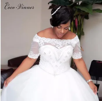

Short Sleeve Floor Length Africa Wedding Dress 2019 Ball Gown style Lace Up Crystal Beading Lace Appliques Wedding Dresses W0407