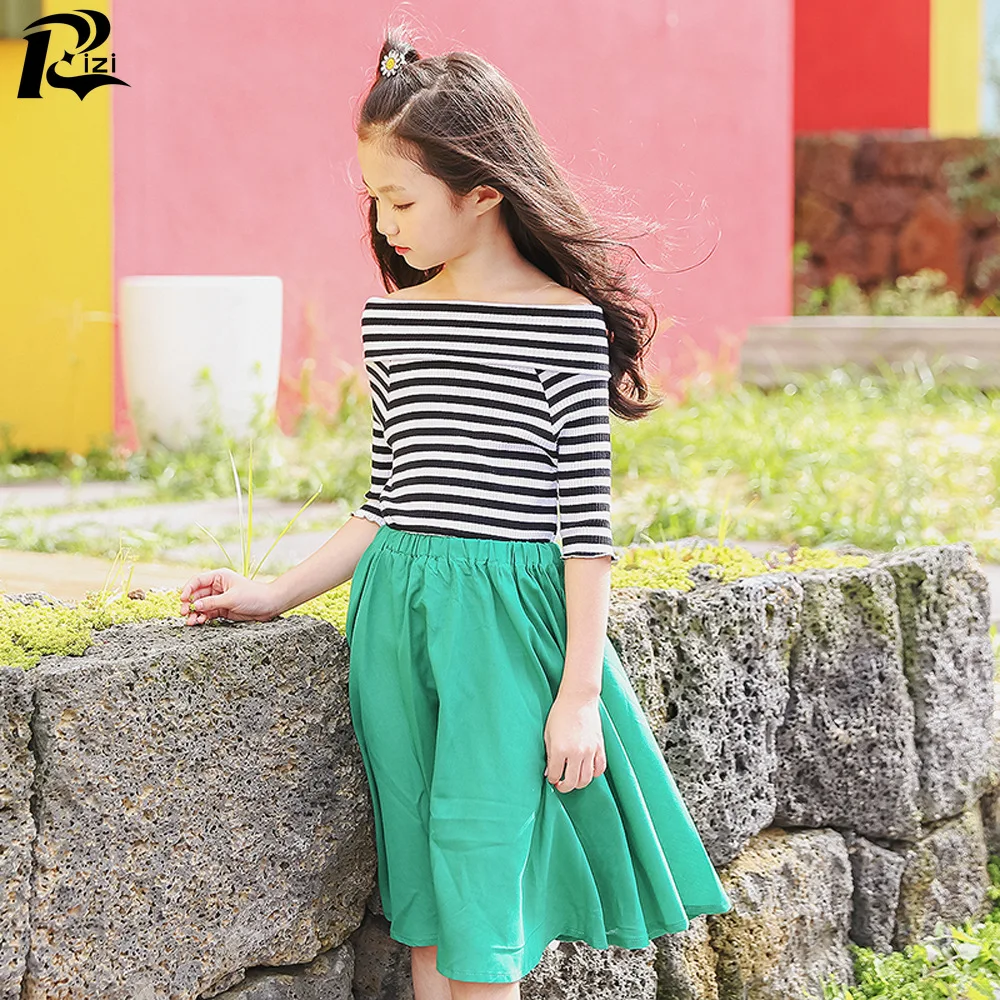 

Rizi Girls Clothing Sets Fashion Girls Half Stripes Design One Word Collar False 2Pcs Girls Clothes Teenage Girls Clothing