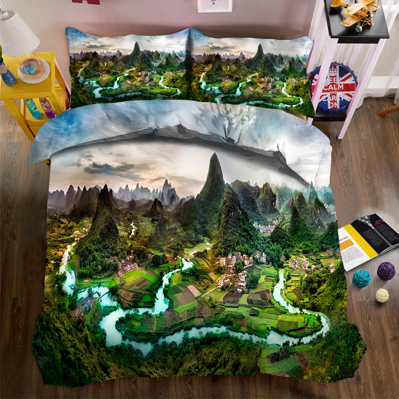 

Overlooking the landscape of pastoral villages 3d effect photo bed linen can be customized photo pattern