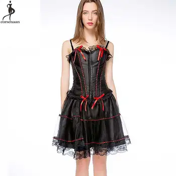 

Satin Corset Dress Suit Shoulder Strap Corsets Dresses Plus Size 6XL Korset Top With Lace Overlay Skirt Hooks Eyes Black Bustier
