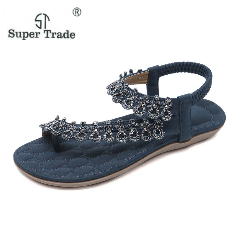 

2018 New Ethnic Sandals Bohemian Rhinestone Flowers Diamond Large Size 35-42 Flat Sandals Summer Sandals Shoes Women 588-4