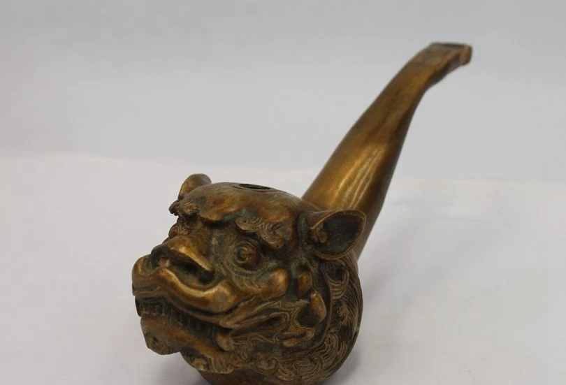 

China Chinese old Bronze Copper Fu Foo Dog Lion Head statue Pipe Smoking a(5.19) a 0518