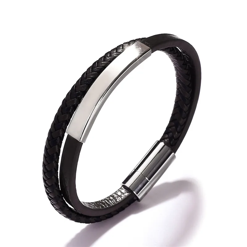 Black Leather Модные плетеные кожаные браслеты из нержавеющей стали на заказ ID мужские браслеты с подвесками женские персонализированные ювелирные изделия homme Прямая поставка - Окраска металла: Black Leather