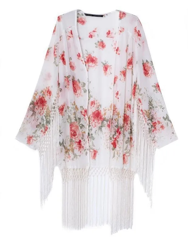 

Kimono Cardigan 2014 Fashion Women Summer Spring Shirts European Style tassle Blouse Floral Print Blusas de seda TTL-81