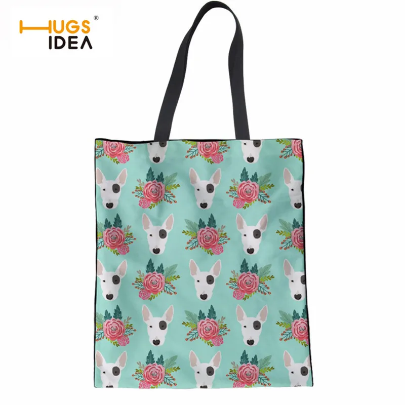 

HUGSIDEA Handbags Cute Bull Terrier Print Portable Folding Storage Bags Women Large Capacity Linen Tote Bag Female Eco Bag Bolsa