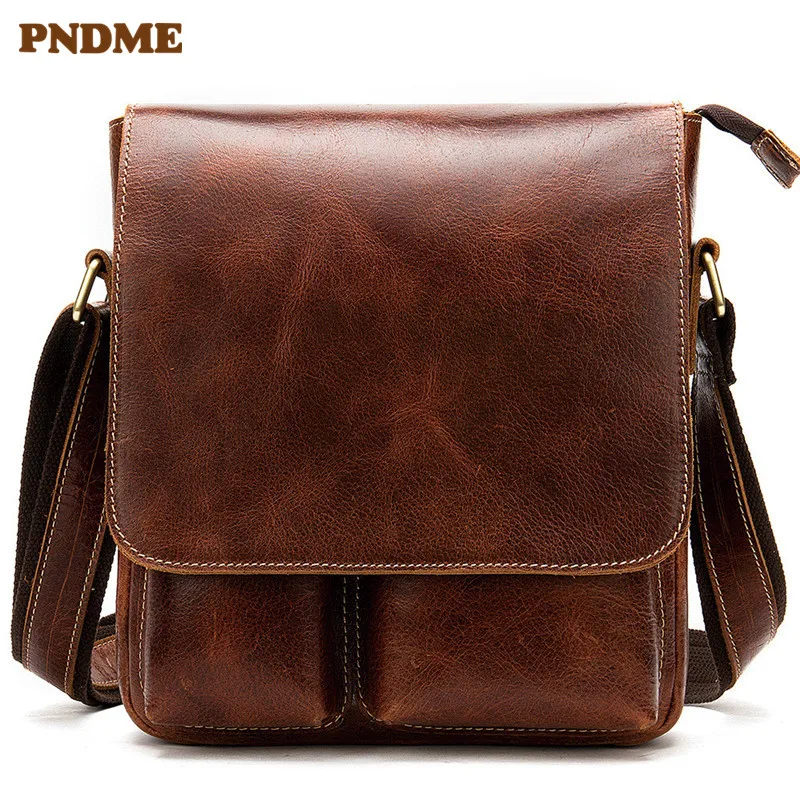 

PNDME casual simple genuine leather Men's shoulder bag top layer Cowhide flip solid color brown crossbody bags for Men's