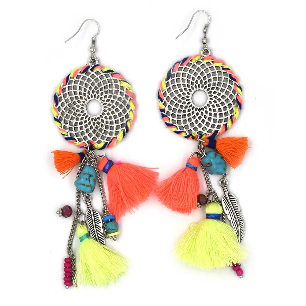 2017 new handmade dangle earrings with colorful cotton tassel  summer style dream catcher earrings for women