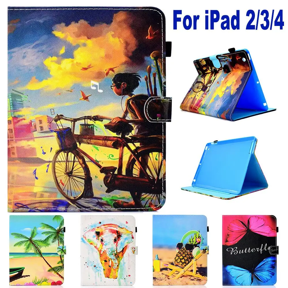 

Fashion Cartoon Pattern Card Slot Wallet Case For Apple ipad 2 3 4 Case Cover For iPad4 Funda Tablet PU Leather Stand Shell