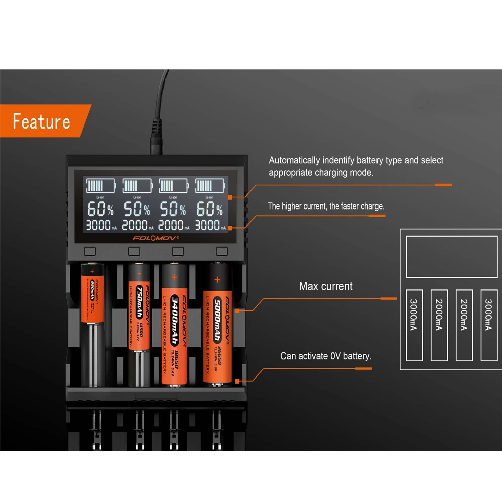 Folomov A4 интеллектуальное зарядное устройство для Li-ion/IMR/INR/ICR/LiFePO4 18650 14500 26650 AAA 3,7 4,2 в 1,48 в