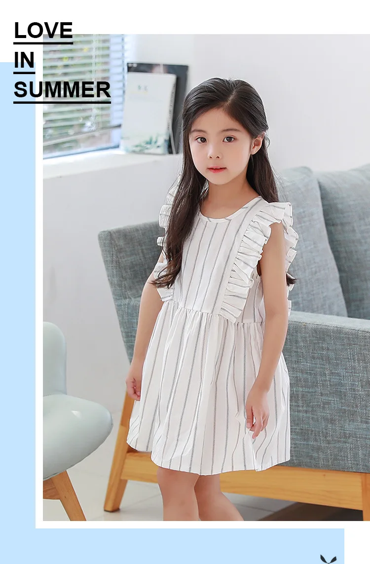 Yeediosn Summer Beach Kids Dresses For Girls Cotton Striped Girls Princess Dress Sleeveless Ruffles Children White Girl Costume (2)