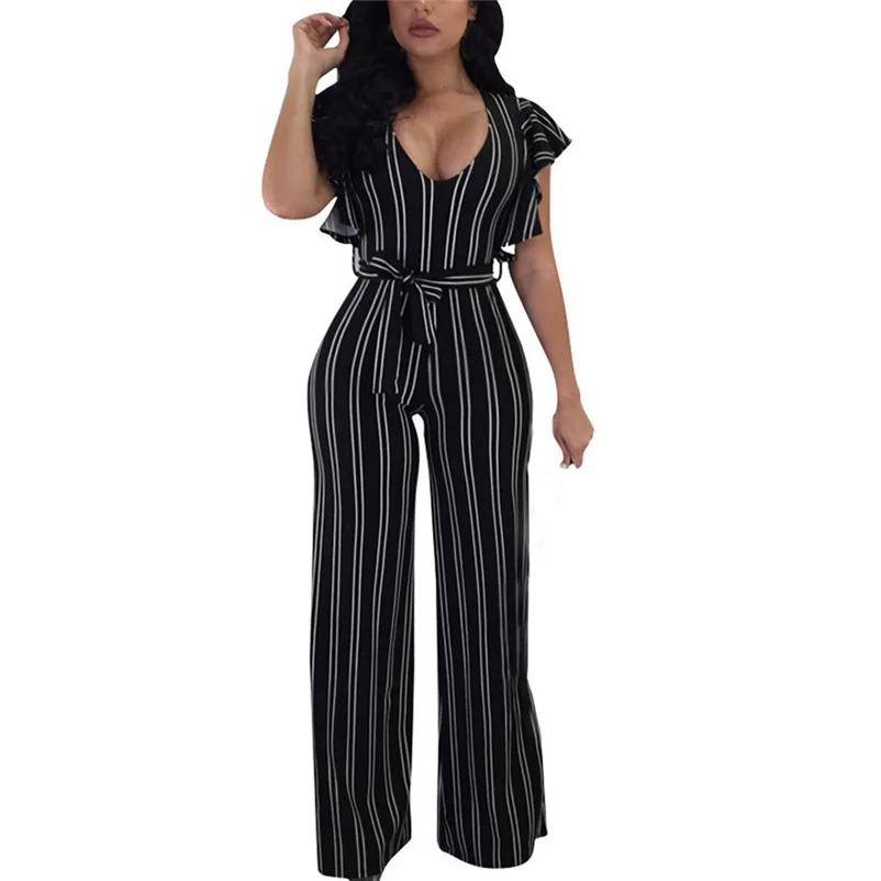 2018 Summer Elegant Women Striped Jumpsuits OL Work Wide