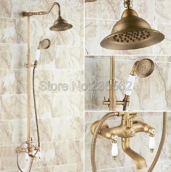 

Retro Antique Brass Rainfall Shower Set Faucet + Tub Mixer Tap + Handheld Shower Wall Mounted Bathroom Shower Faucets lrs112