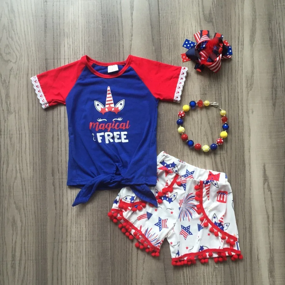 

baby girls Summer clothes cotton royal red magical free unicorn boutique pom-pom shorts outfits girls July 4th match accessories