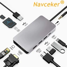 2020 USB HUB 10 in 1 Thunderbolt 3 Type C Adapter Dock 3 USB 3.0 Port 4K HDMI 1080P VGA RJ45 Gigabit Ethernet For Macbook Pro