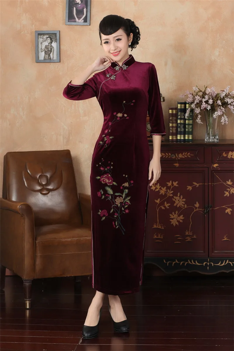 Шанхай история китайский Стиль долго Cheongsam платье женщины платья осень цветочной вышивкой платье бархат qipao платье 3 Стиль