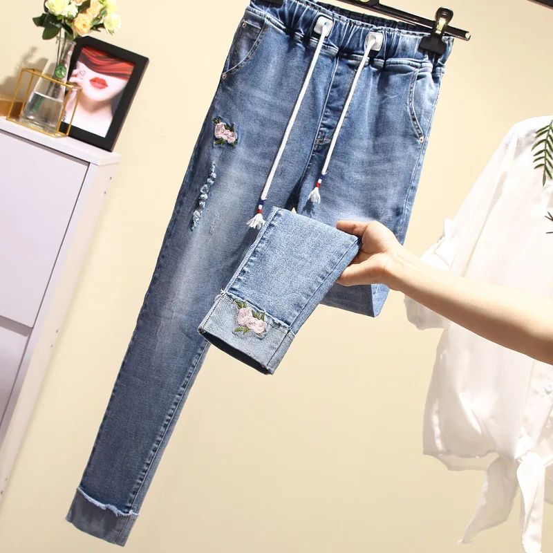 2018 осенние модные с высокой талией до щиколотки джинсы для женщин потертые джинсовые прямые женские джинсовые брюки-карандаш Большие