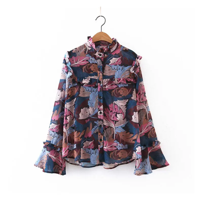 

2019 New Spring Blouse Shirt Woman Tops Fashion Ruffles Long Flare Sleeve Print Patchwork Slim lady Chiffon Shirt Blouse